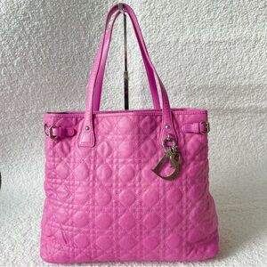 CHRISTIAN DIOR Pink Canvas Cannage Lady Dior Canvas Large Tote Bag